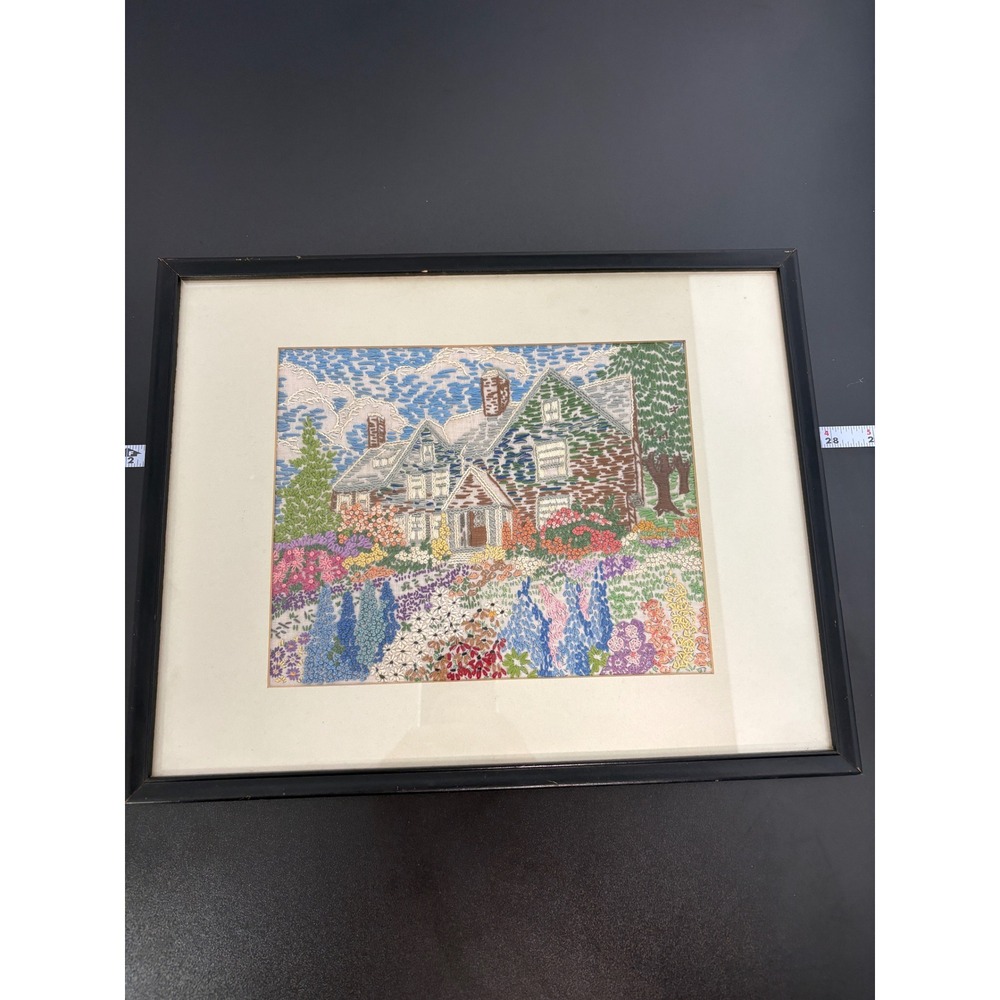 Crewel Embroidery Art 15x12 Multi-Color Cottage Garden Framed Home Decor Vintage